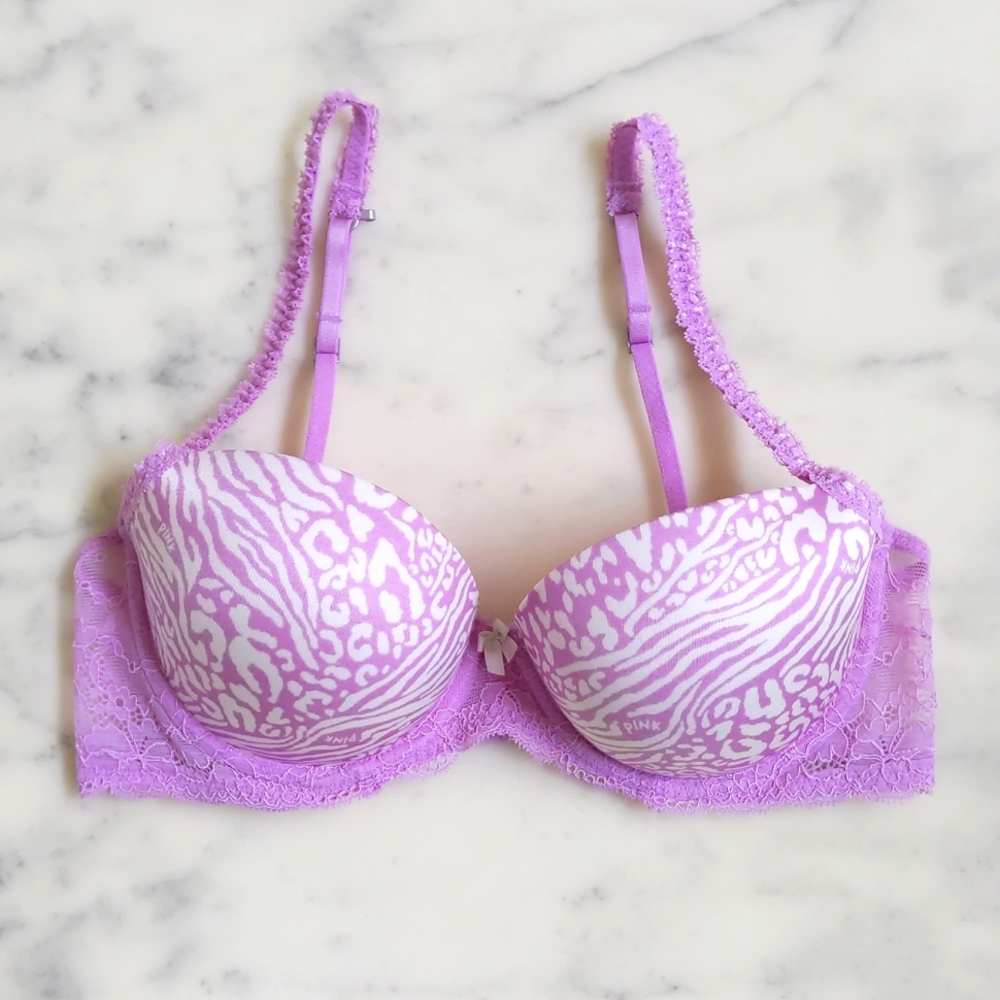 NWOT. Victoria Secret Pink Flirt PUSH-UP Purple Print/Lace 34C Bra w/Lace Straps